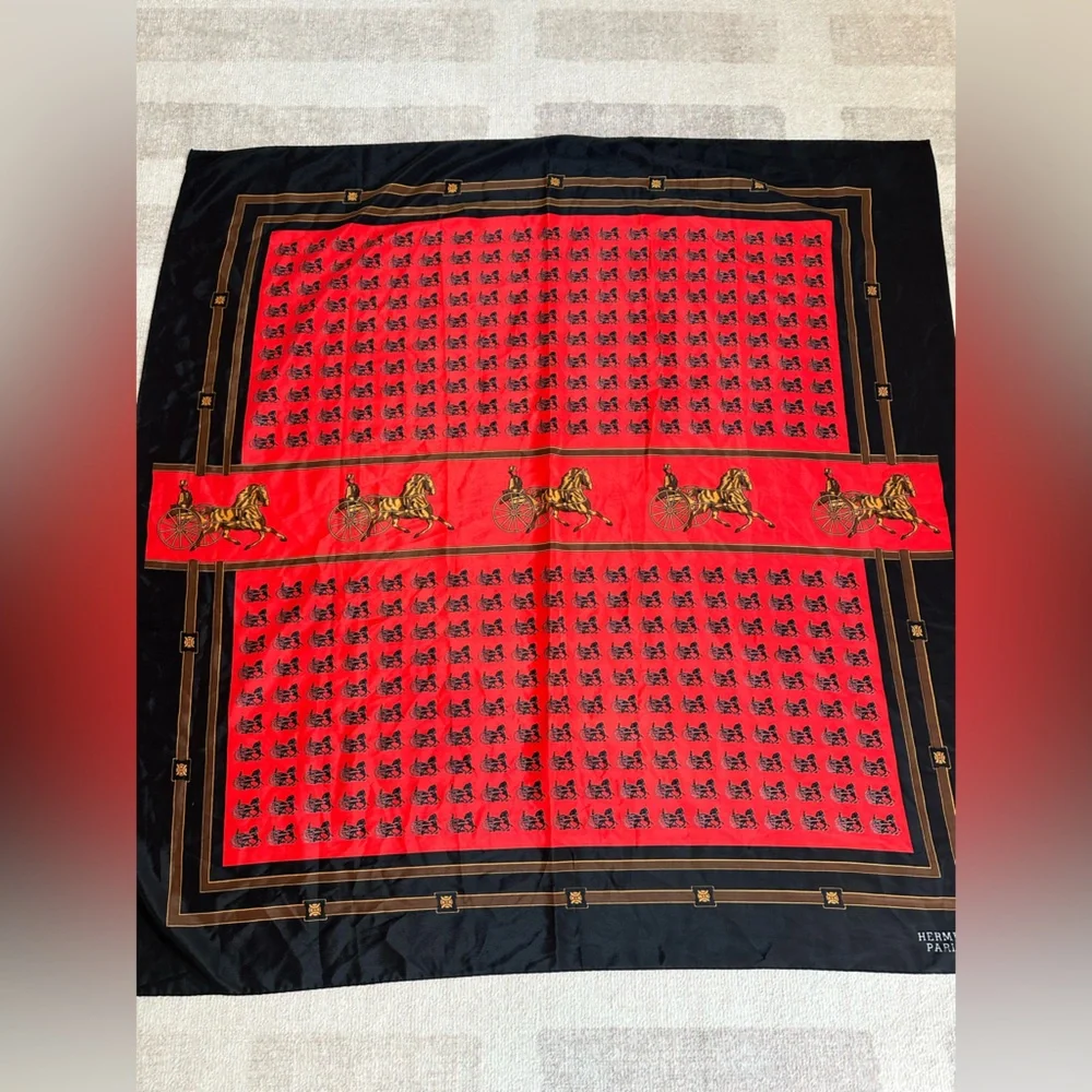 Vintage Hermes Paris Silk Horse and Carriage Scarf Red and Black